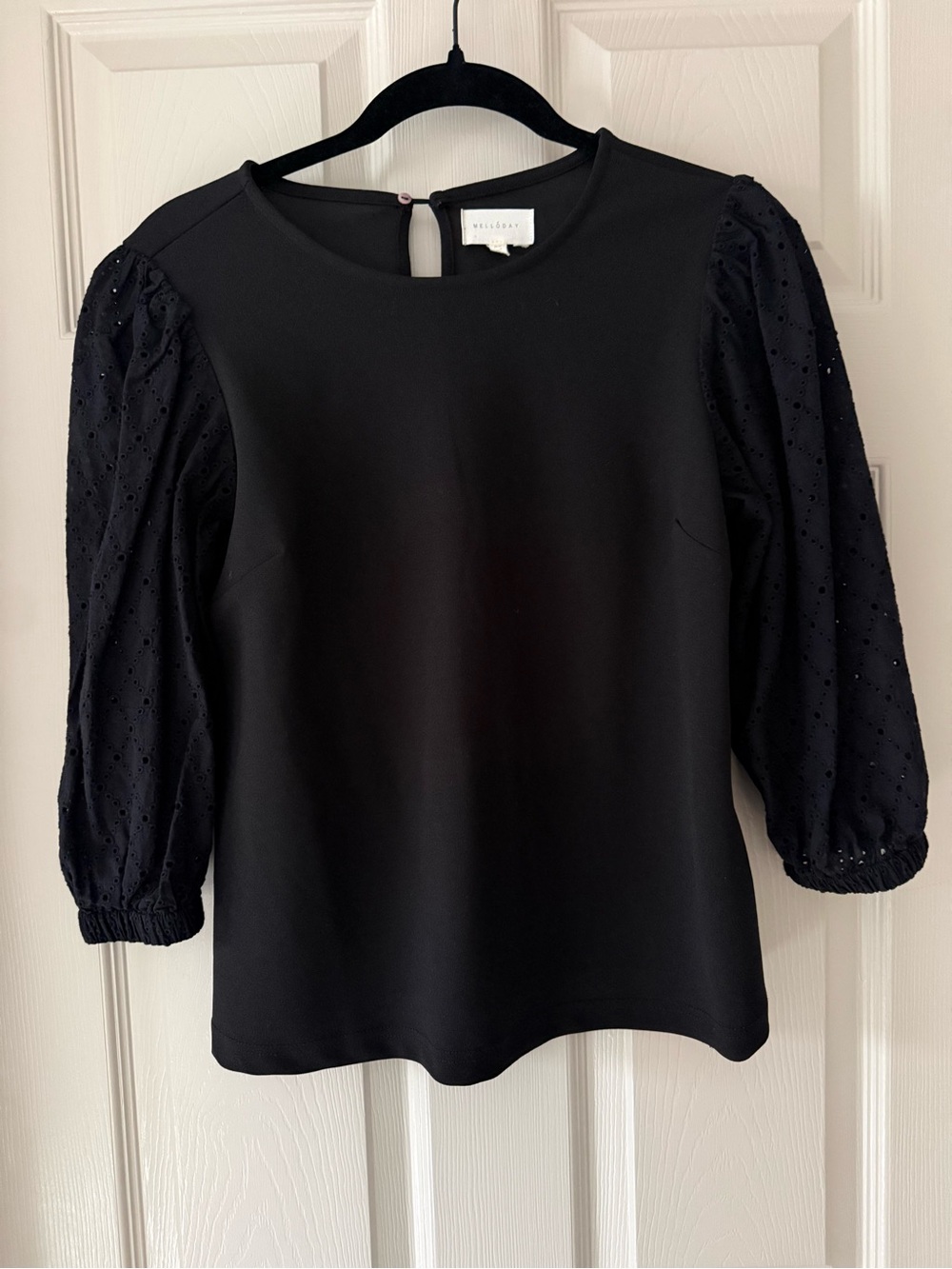 Black Eyelet Puff Sleeve Women's Blouse